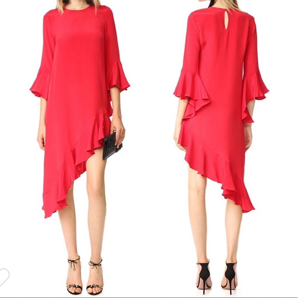 Alexis hazel red asymmetric ruffle silk long bell sleeve dress XS